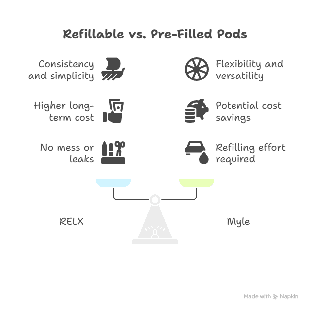 RELX vs. Myle – Comparing Two Popular Vape Brands in the UAE Refillable vs. Pre Filled Pods visual selection