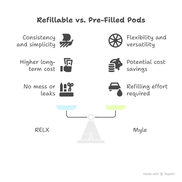 Relx vs. Myle – comparing two popular vape brands in the uae Refillable vs. Pre filled pods visual selection