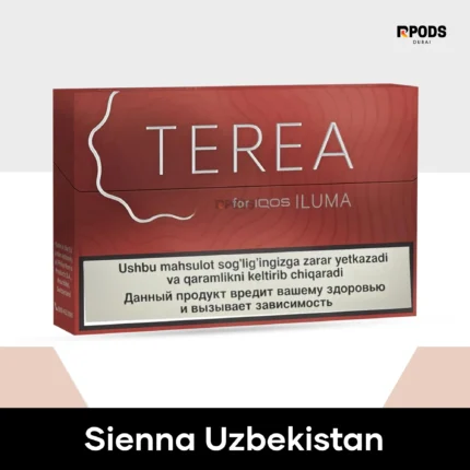 Close-up of a factory-sealed terea sienna uzbekistan carton showing the official labeling and smartcore induction compatibility text.