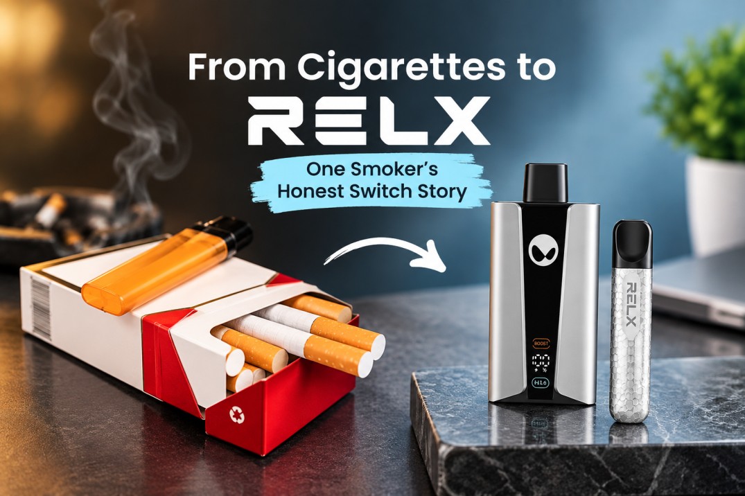 A pack of cigarettes next to a RELX vape device, representing a smoker's switch to a pod-based device