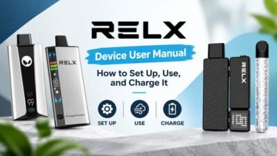 RELX device, pod, and charging cable laid out next to a WAKA disposable vape for a user manual guide