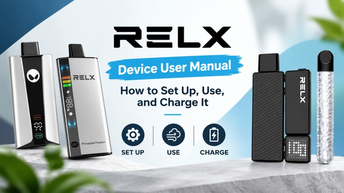 RELX device, pod, and charging cable laid out next to a WAKA disposable vape for a user manual guide